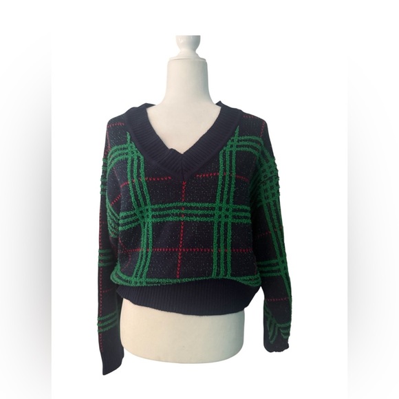 Plaid V-Neck Sweater - Green and Black. Crown and Ivy. - Picture 2 of 4